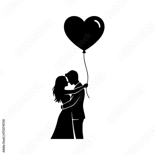 Couples hugging vector art of couple embracing with heart balloon in silhouette
