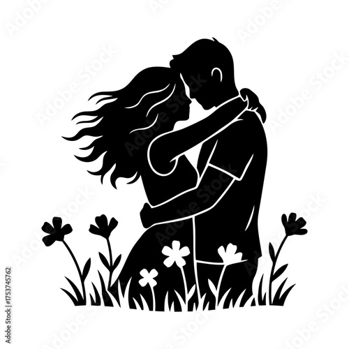 Couples hugging vector art of silhouette of a couple embracing in a field of flowers