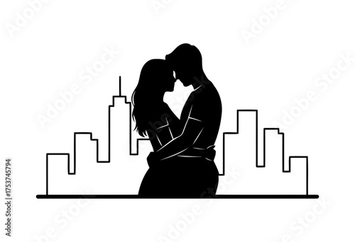Couples hugging vector art of silhouette of a couple embracing each other with city skyline