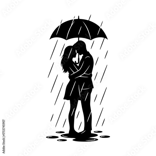 Couples hugging vector art of silhouette of a loving couple embracing under an umbrella in the rain isolated