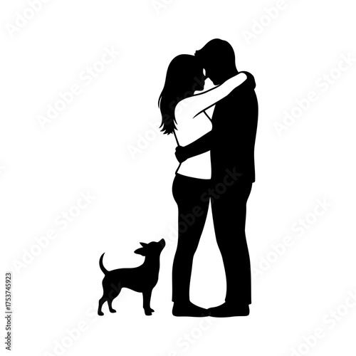 Couples hugging vector art of silhouette of a couple hugging with their dog
