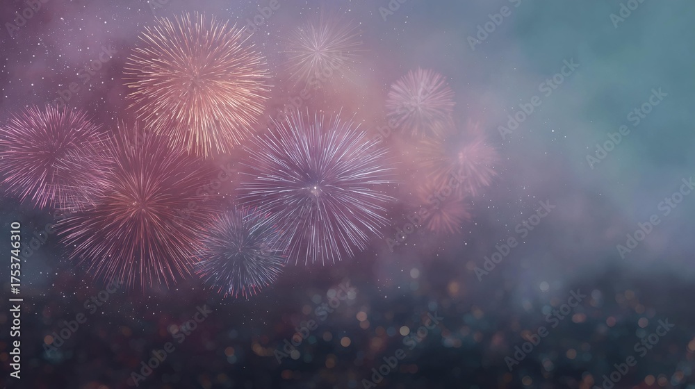 Fototapeta premium Colorful fireworks display with a blue sky background