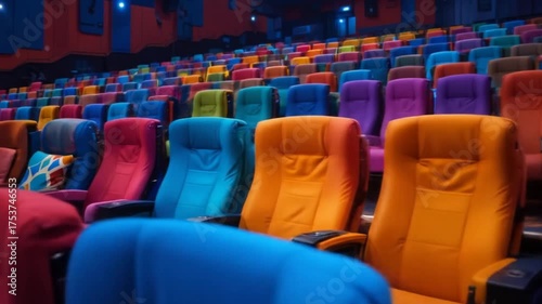 Colorful cinema seats are ready for moviegoers in a vibrant theater atmosphere. 4k video