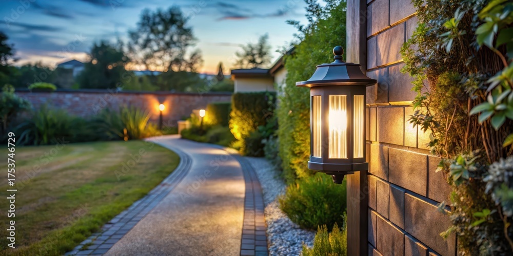Fototapeta premium Solar powered lantern installed on a wall near a house entrance, illuminating a garden path at dusk