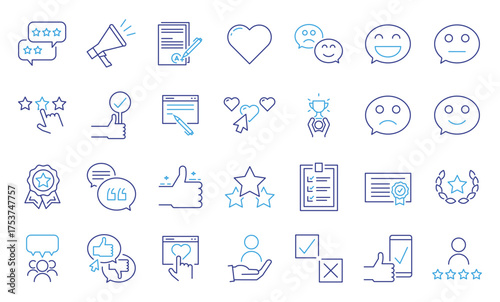 Feedback and reviews icon set. Thin line editable stroke icons for rating, testimonials, opinions, customer satisfaction, user experience, comments, quality assurance, survey, trust