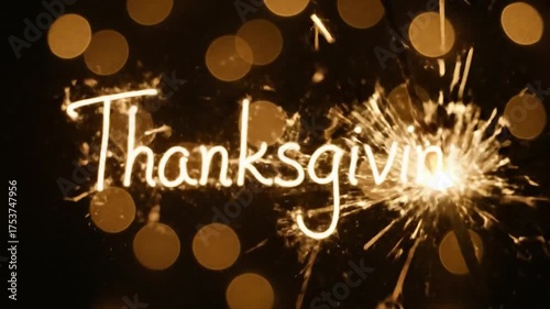 A sparkler with the word 'Thanksgiving' written in glowing letters against a dark background with warm, golden bokeh lights, conveying a festive and joyful mood.