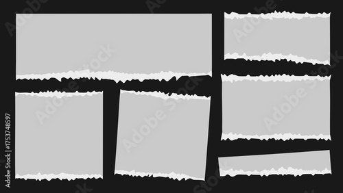 Big set of white torn paper sheet, ripped newspaper strip, retro texture background, text message banner, sticky note and grunge notebook page collage with uneven edge and realistic shadow. Torn paper