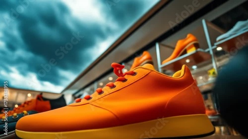A stylish, colorful shoe collection is displayed in a modern retail store featuring a selection of black, orange, and yellow footwear. 4k video