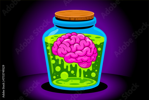 Halloween Brain in a Jar. Scary brain cartoon vector illustration for Halloween design sticker, t-shirt, poster, banner, greeting card, clipart. Halloween cartoon character. Brain spooky decoration