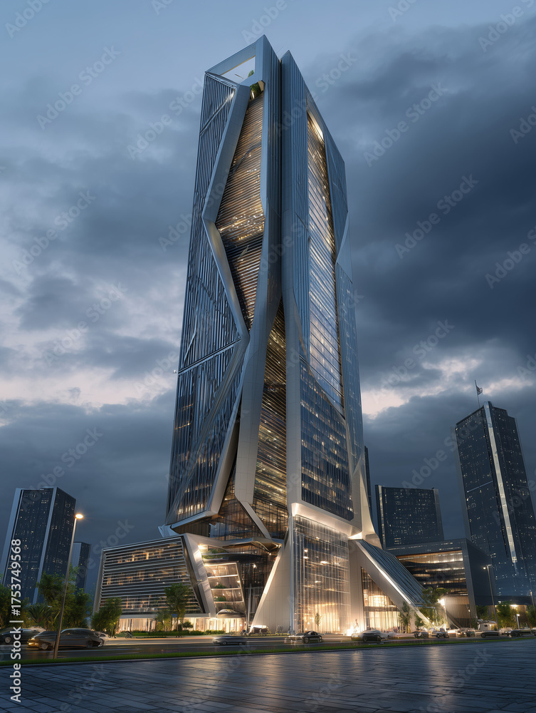 Naklejka premium Modern skyscraper building transforming urban city skyline at dusk