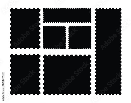 Black Silhouette Vector Postage Stamp Template Set. Perforated Rectangle and Square Frames for Mockup, Coupon, Ticket, and Retro Design.
