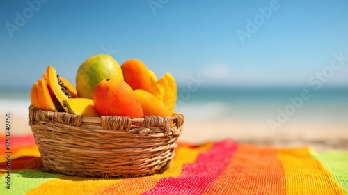 Fototapeta Naklejka Na Ścianę i Meble -  Colorful basket of fresh tropical fruits on a beach blanket under a clear blue sky