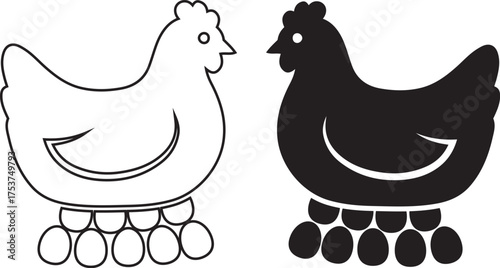 Black and white hen sitting on eggs vector illustration chicken nesting