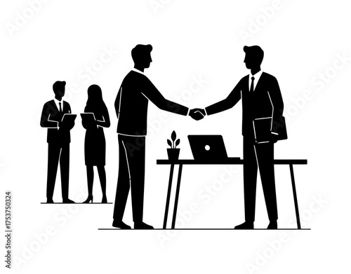 Office restart handshake vector art of business people shaking hands in front of a laptop