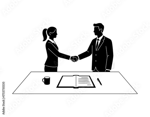 Office restart handshake vector art of businesswoman and businessman shaking hands