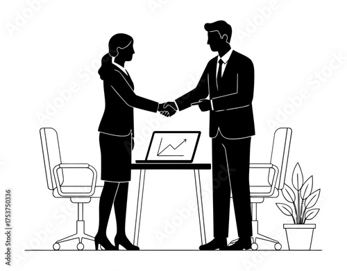 Office restart handshake vector art of businesswoman and businessman shaking hands
