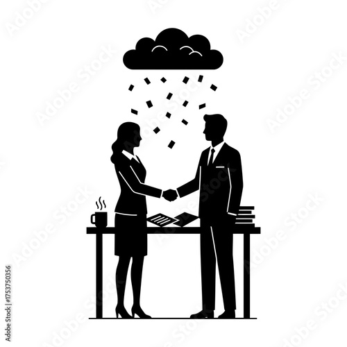Office restart handshake vector art of business partners shaking hands under the rain