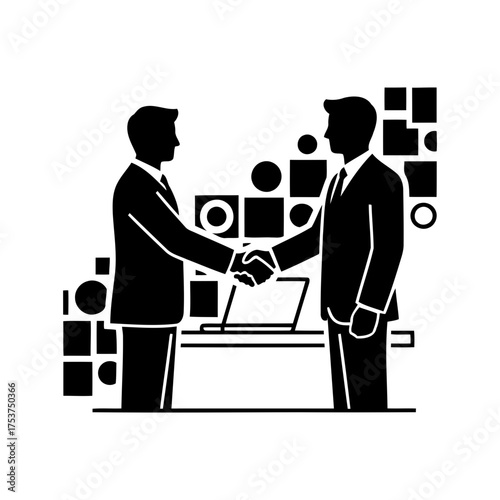 Office restart handshake vector art of businessmen shaking hands after successful negotiation