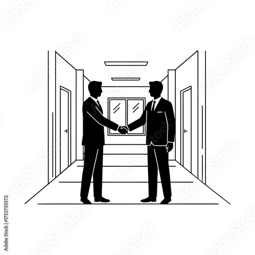 Office restart handshake vector art of business people shaking hands in hallway