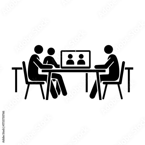 Office restart meeting vector art of people sitting at a table having a video conference