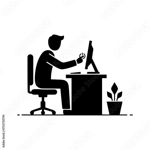 Office restart meeting vector art of man working at desk with computer
