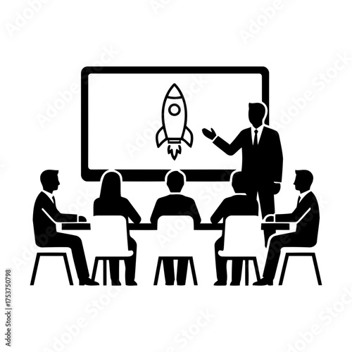 Office restart meeting vector art of business presentation with rocket launch