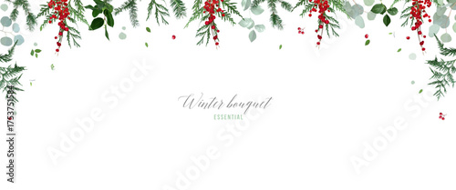 Emerald Christmas greenery, green spruce, fir, pine, red berry vector design banner. Woodland simple style. Winter chic wedding or new year party invitation card.All elements are isolated and editable