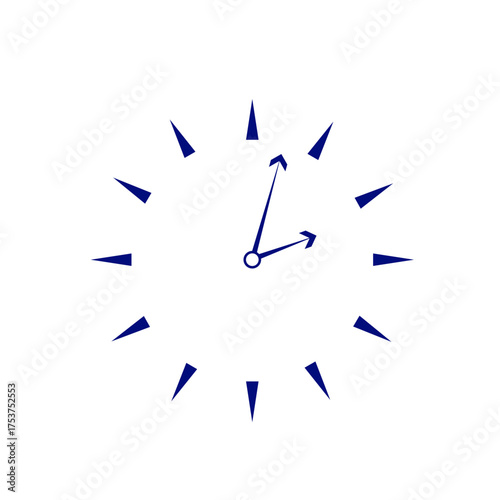 Elegant minimalistic wall clock icon with abstract, deep blue geometric hour marks and hands on a transparent background, evoking a sense of clarity and modern efficiency.