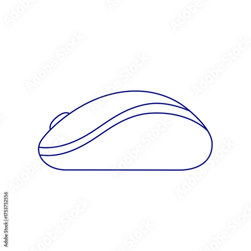 Minimalistic line art icon of a modern wireless computer mouse in deep blue on a transparent background, delivering a sleek and professional digital vibe