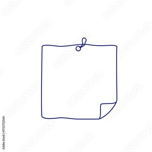 Minimalistic line art icon of a pinned blank note or paper sheet in deep blue on a transparent background, conveying organization, simplicity, and a modern office vibe