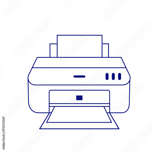 Minimalistic line art icon of a modern printer with a paper tray and sheet, rendered in deep blue on a transparent background, conveying technical precision and office productivity