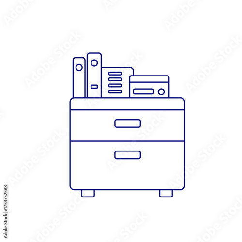 Minimalistic line art icon of an office cabinet with two drawers and assorted folders and stationery on top, rendered in deep blue on a transparent background