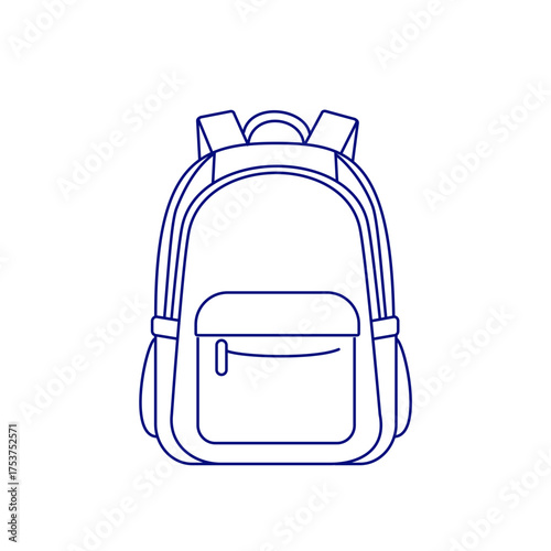 Minimalistic line art icon of a modern backpack with detailed pockets and straps, rendered in deep blue on a transparent background, highlighting versatility and urban style