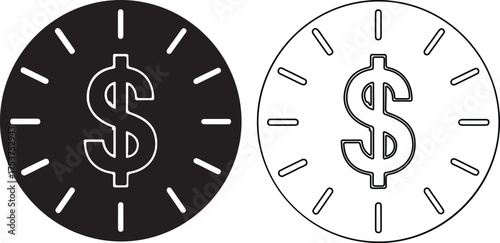 Black and white dollar coin icons represent financial time investment and currency exchange with a modern minimalist design style