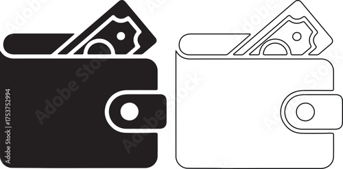 Black and white wallet icons with money representing finance and savings ideal for financial apps or websites and banking promotions