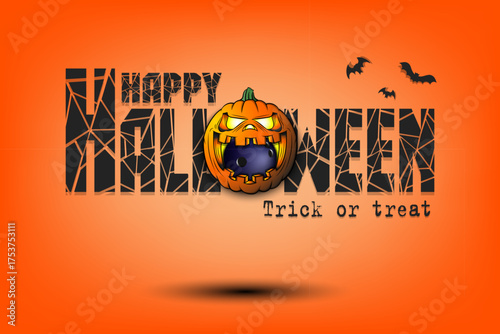 Happy Halloween. Trick or treat. Bowling ball inside frightening pumpkin. Pattern for banner, poster, greeting card, invitation. Vector illustration on an isolated background