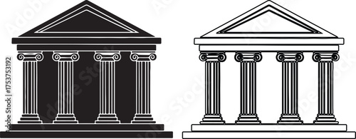 Black and white illustration of two ancient greek temples with ionic columns showcasing architectural design and historical significance