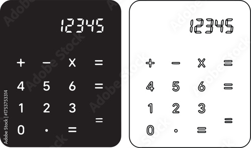 Black and white calculator illustration showing numbers and math symbols for financial calculations and accounting tasks in business and education