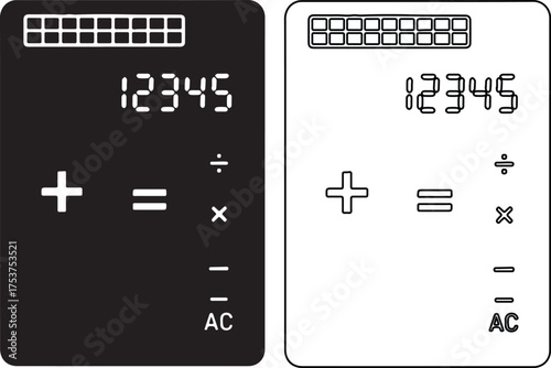 Black and white calculator illustration showing numbers and symbols for mathematical calculations and financial accounting on a digital display