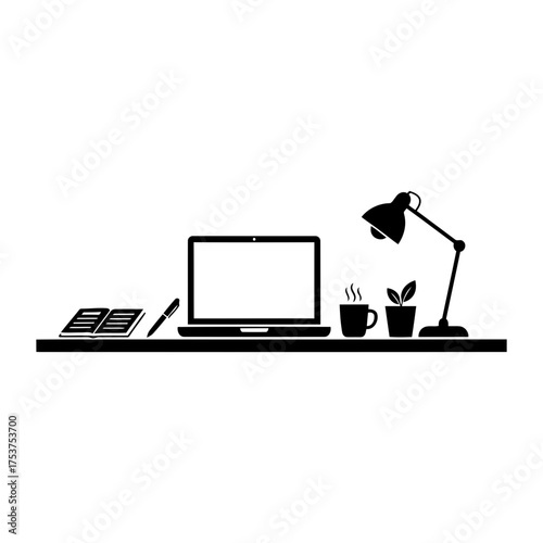 Office restart working desk vector art of workspace with laptop, lamp, plant and coffee cup