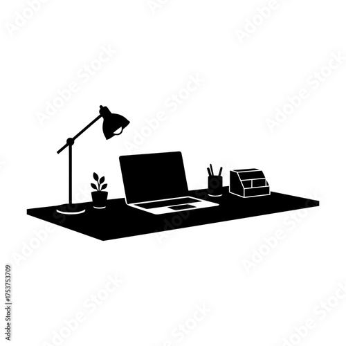 Office restart working desk vector art of minimalist desk setup with laptop, lamp, and plant
