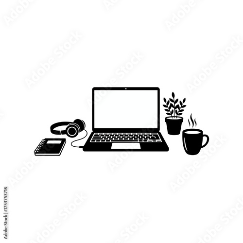 Office restart working desk vector art of laptop with headphones, notebook, plant and coffee