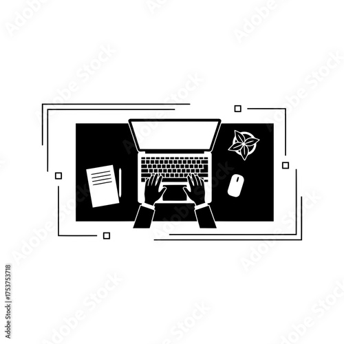 Office restart working desk vector art of overhead view of hands typing on laptop at desk