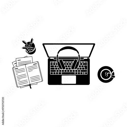 Office restart working desk vector art of overhead view of a desk with laptop, headphones, and stationery
