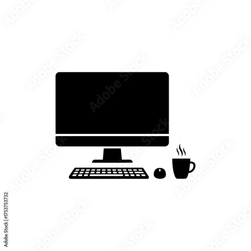 Office restart working desk vector art of desktop computer with keyboard, mouse and coffee