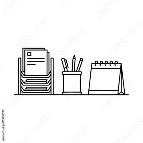 Office restart working desk vector art of office supplies with document holder, pen holder and calendar isolated on white