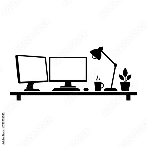 Office restart working desk vector art of workspace with two monitors, lamp, coffee, and plant