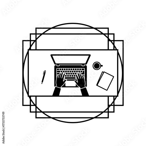 Office restart working desk vector art of person typing on laptop with coffee and notebook