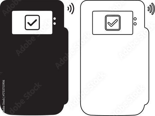 Black and white illustration of two card readers with checkmarks indicating successful transactions and wireless connectivity shown