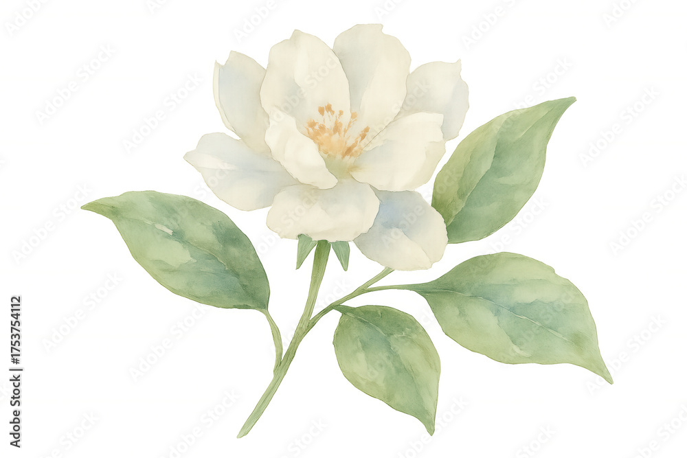 Fototapeta premium White flower watercolor painting on stem with green leaves, symbolizing purity, growth, and nature